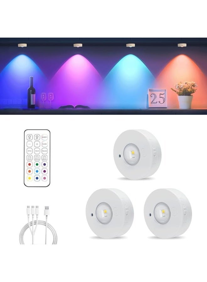 MERTTURM Under-Unit Light Cabinet Lighting LED Colour Changing with Remote Control, 3 Colour Temperatures & RGB LED Spotlights Dimming, USB Rechargeable Spot Battery Display Case Lighting, Magnetic - Image 1